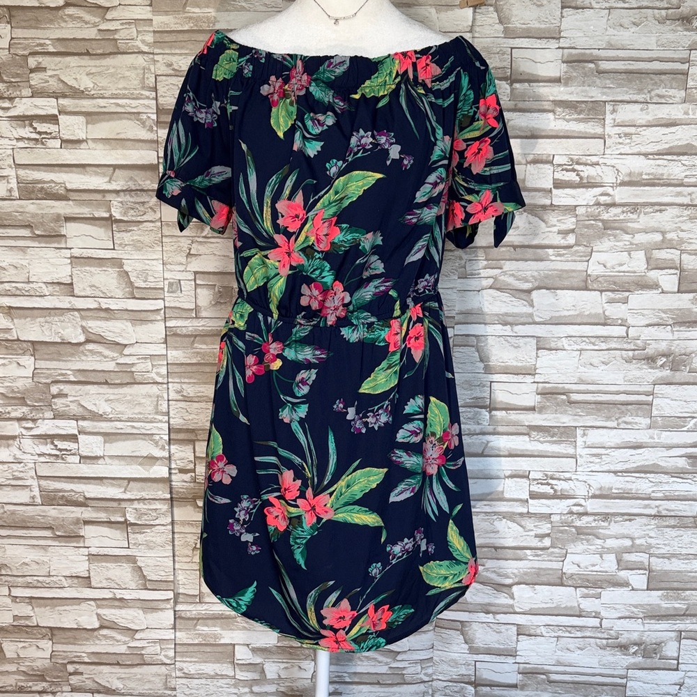 BLUSH Tropical Colorful Floral Print Navy Blue Off Shoulder Mini Dress